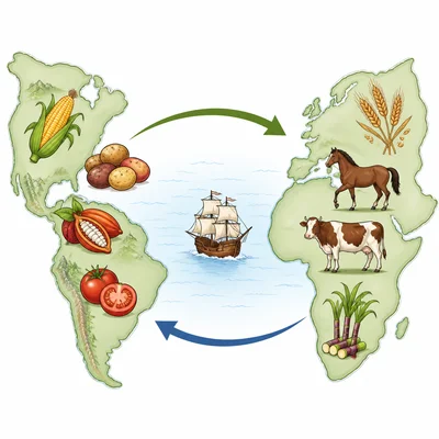 Foods, animals, and crops move by ship between two hemispheres across the ocean.