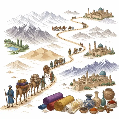 A camel caravan travels along a trade route through deserts and mountains between distant cities.
