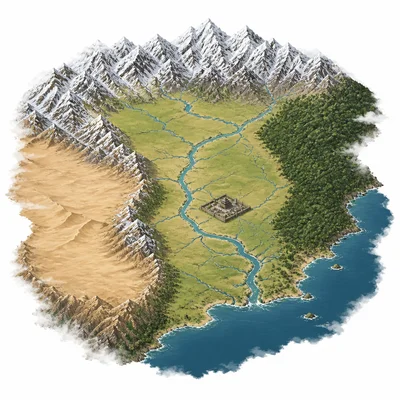A stylized view of ancient China surrounded by mountains, desert, forest, ocean, and rivers.