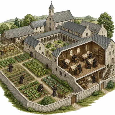 A medieval monastery with monks farming, gardening, and copying manuscripts.