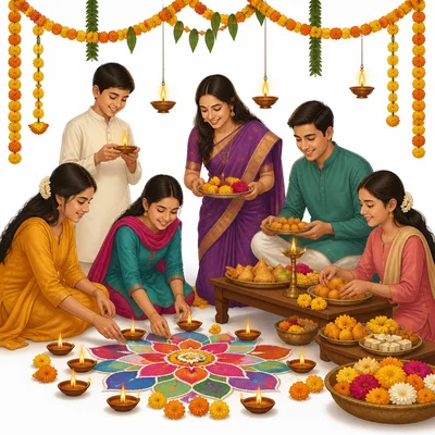 People celebrating a cultural or religious festival with decorations, candles, flowers, and shared food.