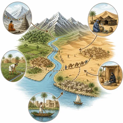 A river, mountains, desert, settlement, and travel routes showing how geography can influence beliefs and practices.
