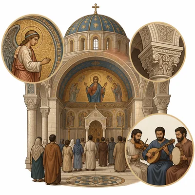 A place of worship with decorative art and musicians, showing religion influencing art, architecture, and music.
