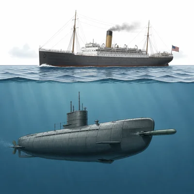 A submarine near a passenger ship, representing unrestricted submarine warfare.