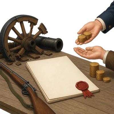 A treaty document with broken weapons and coins representing treaty conditions.