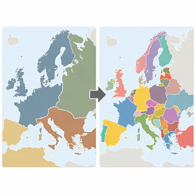 A before-and-after map showing Europe changing from large empires to smaller countries.
