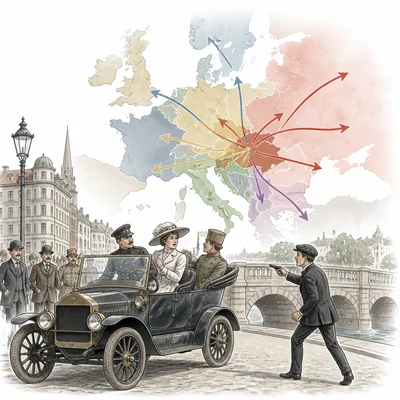 An assassination scene leading to arrows spreading across a map of Europe.