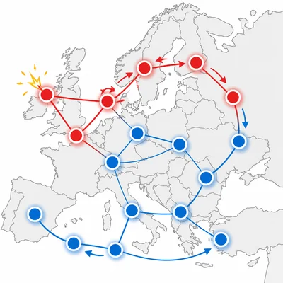A map-based web showing alliances causing a chain reaction across Europe.