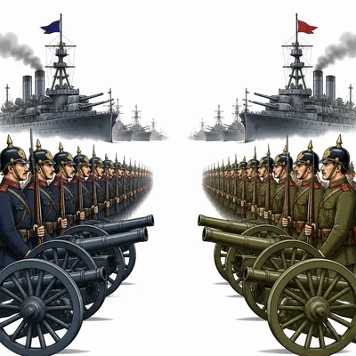 Two sides building up armies, weapons, and ships to represent militarism.