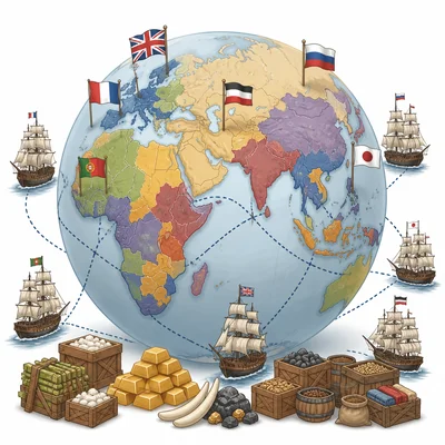 A globe with ships, flags, and resources showing competition for colonies.