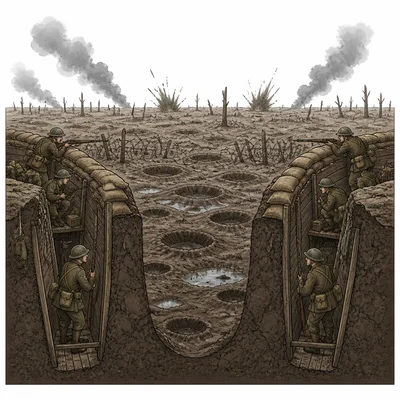 Opposing World War I trenches separated by barbed wire and shell craters.