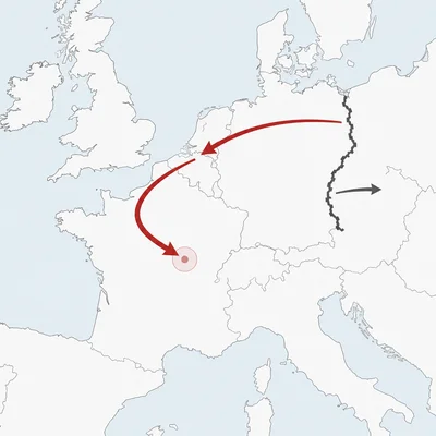 Unlabeled map diagram showing a large sweeping invasion route through Belgium into northern France.