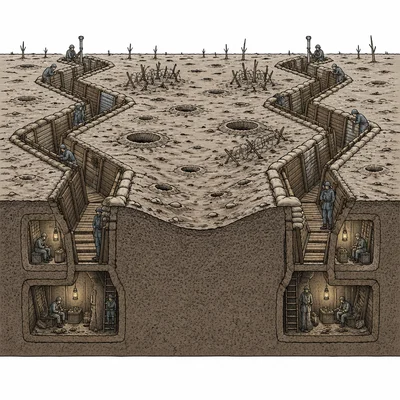 Cutaway diagram of opposing World War I trenches separated by barbed wire and cratered no-man's-land.