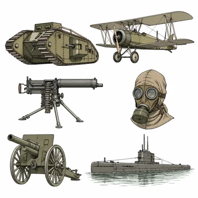 Technical collage of World War I technologies including a tank, biplane, machine gun, gas mask, artillery cannon, and submarine.