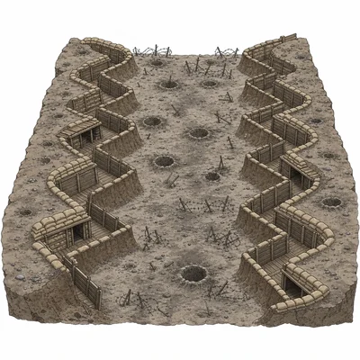 Opposing trench systems face each other across cratered open ground with barbed wire.