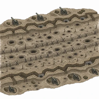 A trench battlefield model shows defensive technologies creating a stalemate zone.