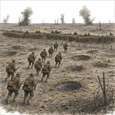 Soldiers advance across open ground toward an intact defended trench line.
