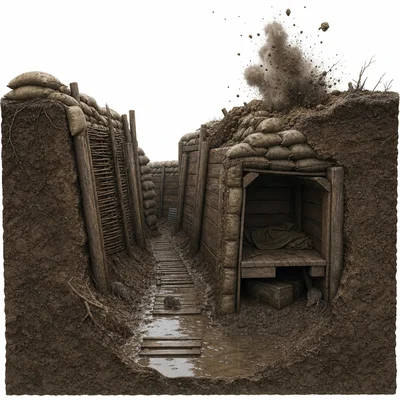 A trench cross-section shows mud, water, rats, sandbags, and a nearby shell explosion.