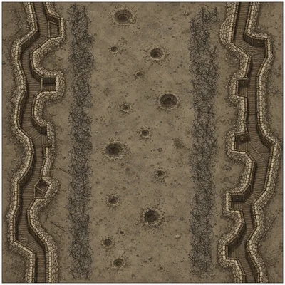Top-down view of open cratered ground between two opposing trench lines with barbed wire.