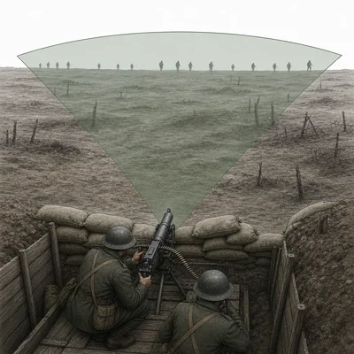 A machine gun position covers open ground with a wide fan-shaped field of fire.