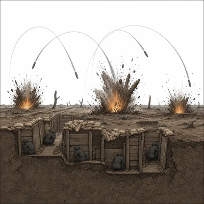 Artillery shells explode around a trench, creating craters and damaging defenses.