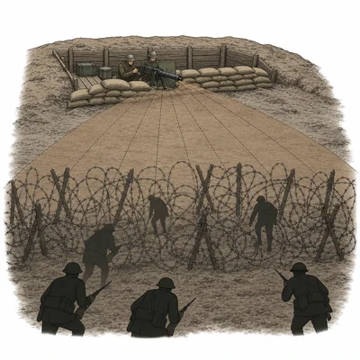 Barbed wire slows advancing soldiers in front of a machine gun defensive position.