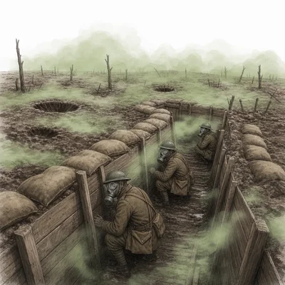 Gas-masked soldiers in a trench face a drifting poison gas cloud.