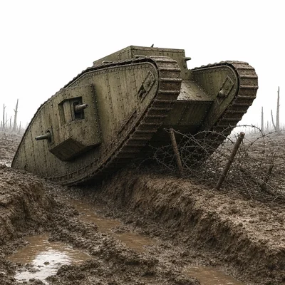 An early tank crosses a trench and barbed wire while struggling through mud.