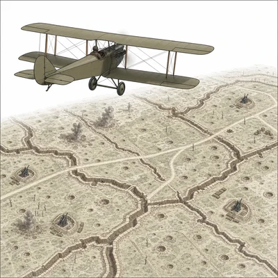 A biplane flies over a trench battlefield for reconnaissance.