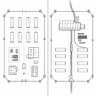 Side-by-side schematic of two different camp layouts, one with barracks and work areas and one with a rail line to an industrial building.