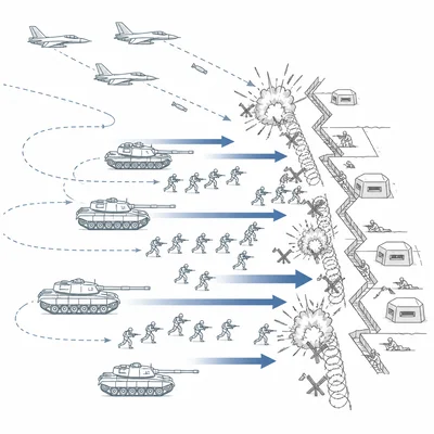 Diagram of tanks, aircraft, and infantry rapidly breaking through a defensive line.