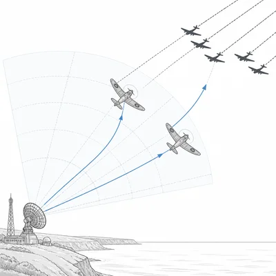 Diagram of British radar and fighter planes intercepting incoming aircraft over the coast.