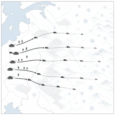 Map-style diagram of a west-to-east invasion with long supply lines and winter conditions.