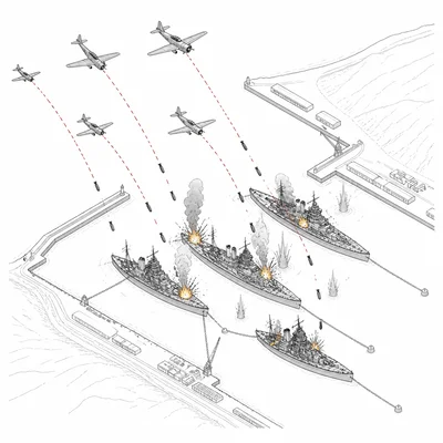 Aerial diagram of aircraft attacking anchored battleships in a harbor.