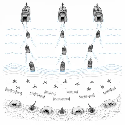 Diagram of landing craft moving from ships toward a defended beach.