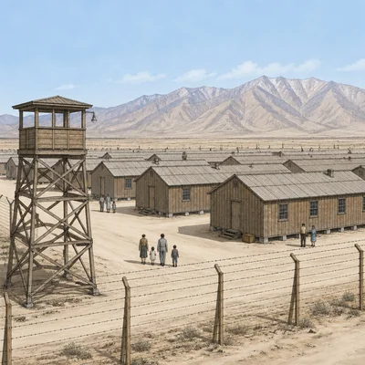 Internment camp scene with barracks, fence, guard tower, and civilian families.