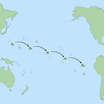 Simplified Pacific map showing an island-hopping route that bypasses some islands.