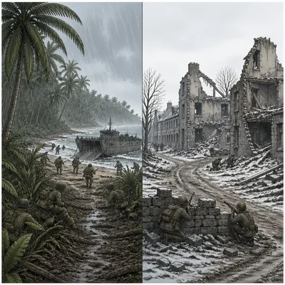 Split scene comparing tropical Pacific fighting conditions with cold urban European battlefield conditions.