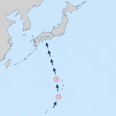 Map diagram showing two highlighted islands south of Japan and arrows advancing northward.