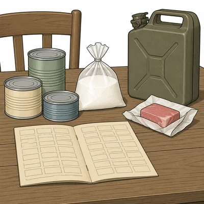 Rationing items including a blank ration booklet, canned goods, sugar, meat, and a gasoline can.