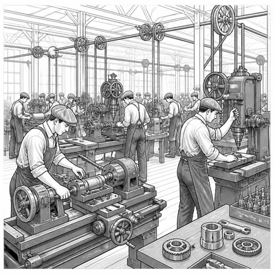 Crowded early twentieth-century factory floor with workers operating large machines.