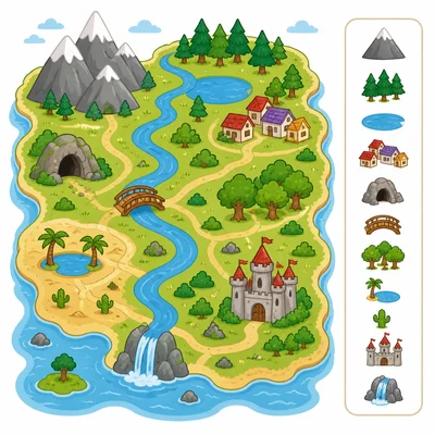 A map with a legend box showing symbols that match places on the map.