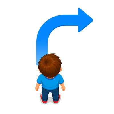 A child facing upward with a curved arrow showing a turn to the right.