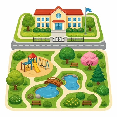 A school shown above a park on a simple map.