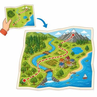 A small map compared with a larger real-world route to show map scale.