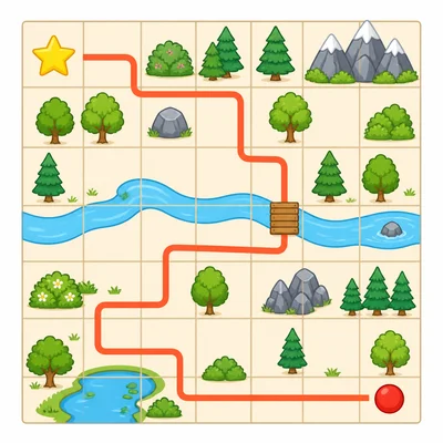 A grid map showing a path from a starting star to an ending dot.
