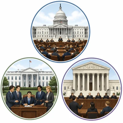 Three scenes representing the legislative, executive, and judicial branches of government.