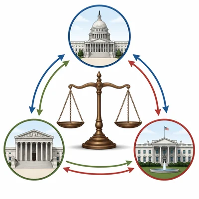A balance scale with three government branch icons connected by arrows.
