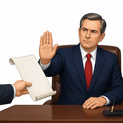 A leader rejects a blank bill document, symbolizing a presidential veto.