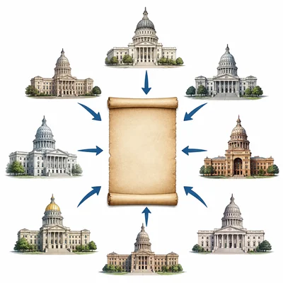 A parchment document surrounded by state capitol buildings and arrows, symbolizing constitutional amendments.